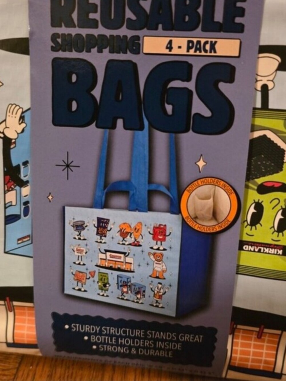 COSTCO KEEP COOL REUSABLE CHARACTER TOTE SHOPPING BAGS -4 BAGS -LARGE HEAVY DUTY